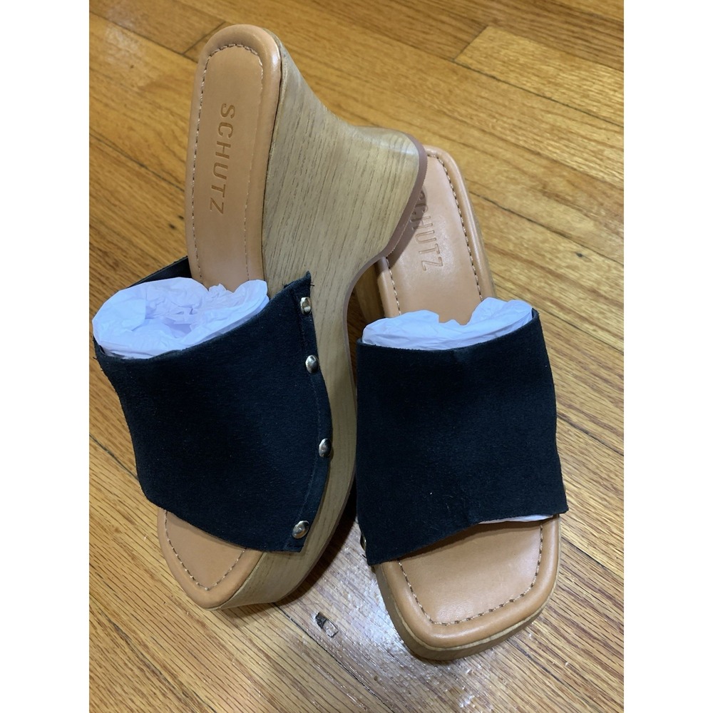 Schutz Lanneh Black Suede Wood Platform Wedge Clog Sandals Rivet Studded 6.5